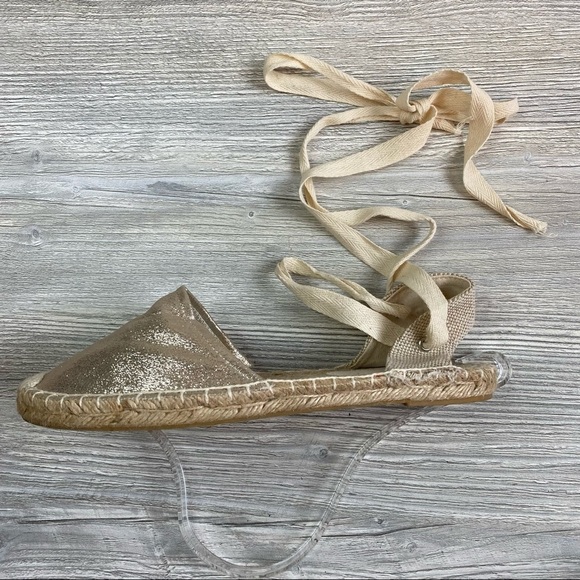 Gold metallic and tan canvas lace up espadrilles whip stitch detail size 8 - Picture 7 of 11